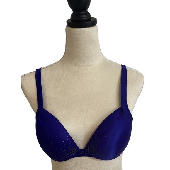 VICTORIA’S SECRET Plunge Satin Midnight Blue W/ Padded Bra Size 34C - Picture 1 of 10